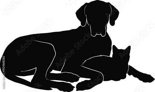 Dog and cat resting together silhouette symbolizing friendship, harmony, companionship and peaceful coexistence of beloved domestic pets at home