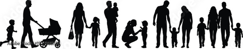 Family silhouettes collection showing parents, children, baby stroller and parenting interactions representing family life, care, childhood development and lifestyle concept