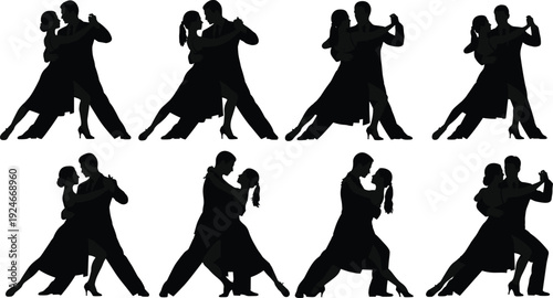 Black Silhouette Set of Professional Couples Dancing Tango in Various Elegant Poses for Ballroom Performance and Romantic Dance Events, Vector