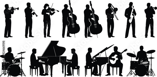 Black Silhouette Vector Illustrations of Jazz Musicians Playing Trumpet Saxophone Piano Drums Bass and Guitar Isolated on White Background for Design