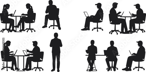 Black silhouettes of people sitting at desks and standing while working on laptops and digital tablets isolated on white background,