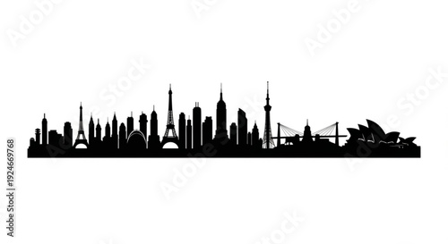 Black silhouette of a city skyline with famous landmarks