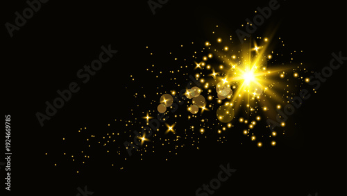 Cinematic Sparkling Light on Black Background with Glitter Dust Bokeh, Glowing Magical Light Effect Featuring Shimmering Particles and Twinkling Stars, Fantasy Light Overlay PNG