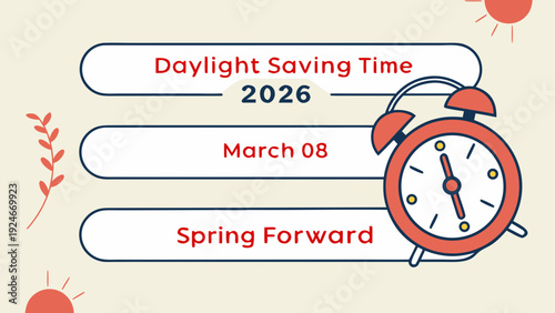 Daylight Saving Time Begins 2026 concept banner. Vector illustration of clock and info with calendar date of changing time in march 08. Spring Forward Time illustration banner. Change clocks ahead
