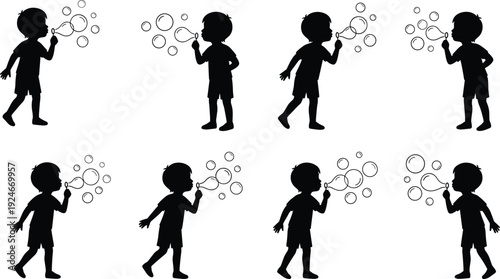 Child silhouette collection showing kids blowing soap bubbles in playful poses representing childhood joy, outdoor fun and happy lifestyle concept