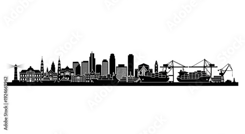 City skyline silhouette with cranes and buildings