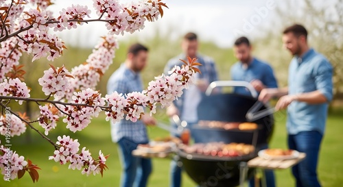 People grilling outdoors cherry blossoms