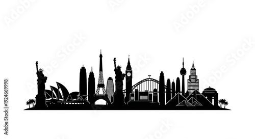 Black silhouette city skyline with famous landmarks