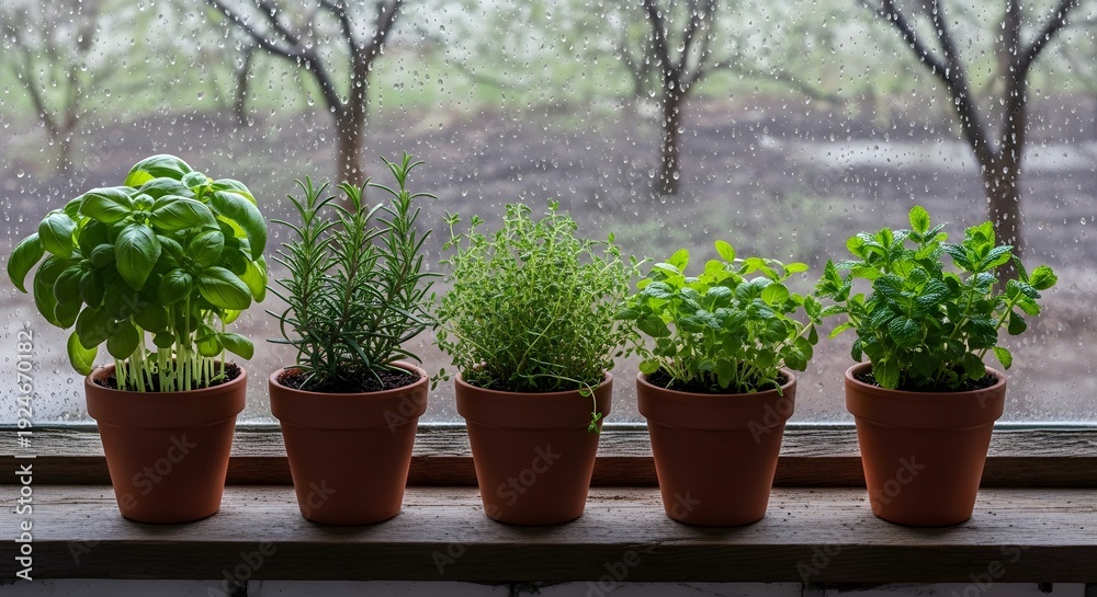 Fototapeta premium Potted herbs on windowsill