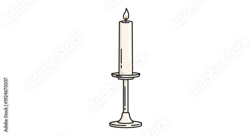 Elegant White Candle Burning in a Vintage Candlestick Holder on White Background