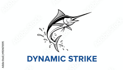 Dynamic Strike Marlin Fishing Logo - Black and White Marlin Jumping from Water