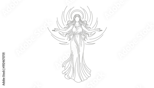 Elegant Angelic Figure with Wings and Halo, Divine Grace, Spiritual Symbol, Line Art Illustration