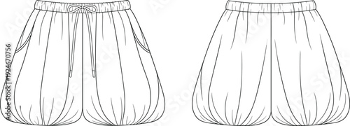 Cad drawing flat vector illustration, women casual shorts front and back view, loose baggy summer pants with elastic waistband, fashion technical sketch template