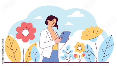 Professional woman standing and smiling while using a tablet outdoors in a sunny garden with large flowers and blue sky.