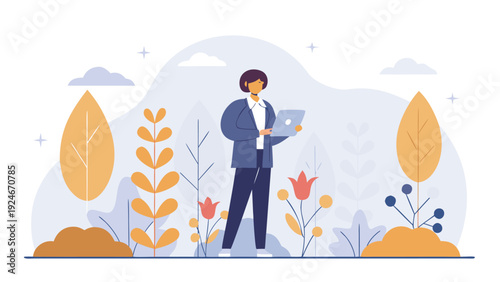 Professional woman standing and using a tablet outdoors in a serene garden with various autumn-colored trees and plants.