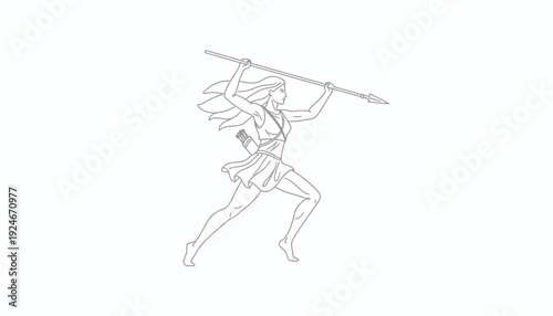 Dynamic Line Art of a Female Archer in Action, Throwing a Spear