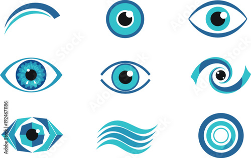 Blue Eye Icon Collection with Abstract Vision Symbols, Eyeball Logos and Optical Wave Elements Flat Vector Illustration Set