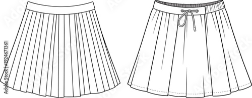 Cad drawing flat vector illustration, women pleated skirt front and back view, elegant A line mini skirt with elastic waistband, fashion technical sketch template