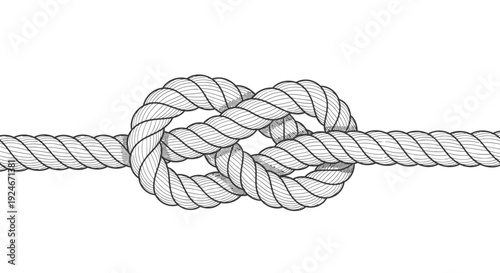Close-up of a thick, braided rope tied in a secure knot on a white background
