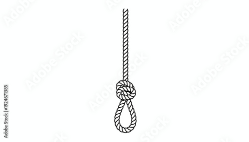 Close-up of a sturdy rope with a secure knot and a hanging loop, isolated on white background.