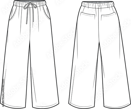 Cad drawing flat vector illustration, women wide leg pants front and back view, casual elastic waistband trousers with pockets, fashion technical sketch template