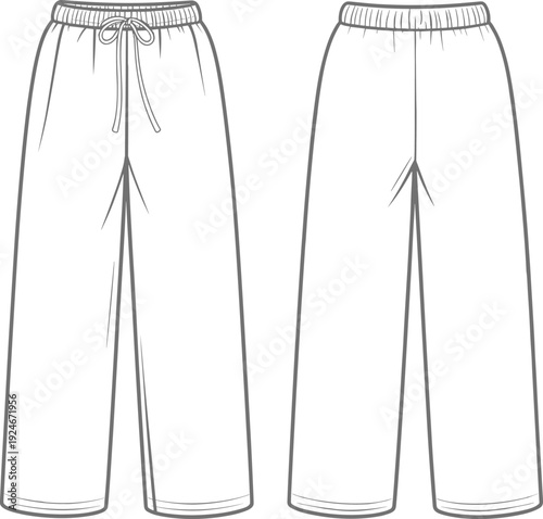 Mens casual sweatpants front and back view, elastic waistband drawstring jogger pants template, cad drawing flat vector illustration technical fashion blueprint design