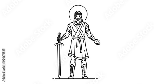 Biblical King Warrior with Sword and Halo, Line Art Illustration