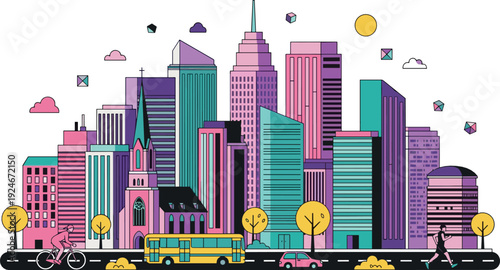 Colorful Modern City Skyline with Skyscrapers, Street Traffic, Bus, Bicycle and Urban Buildings in Flat Vector Illustration Style