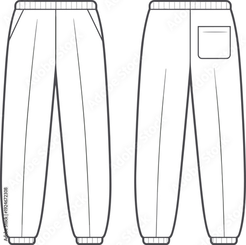 Mens jogger pants front and back view with pocket detail, elastic waistband cuffed hem sweatpants, cad drawing flat vector illustration