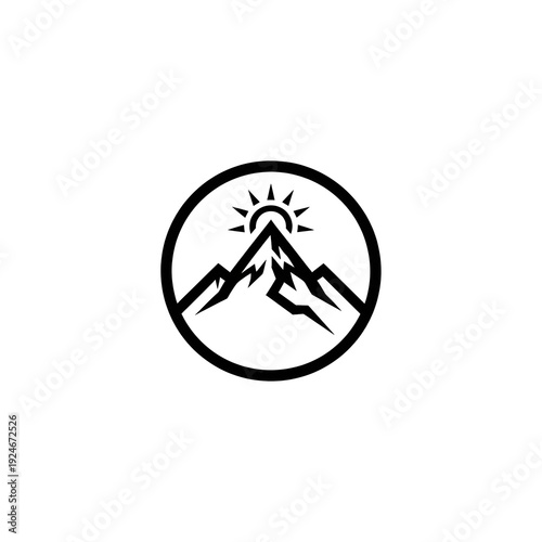Graphics Resources > Logos / Nature
​Title: Minimalist circular mountain vector logo with rising sun symbol, professional outdoor adventure and travel branding icon isolated on white background.