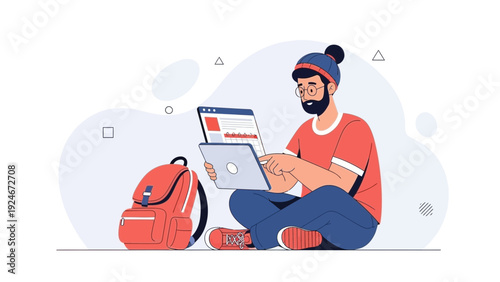 Young man with backpack using laptop, remote work concept, illustration