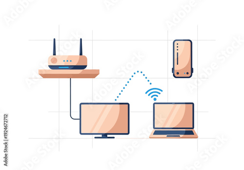 Wireless network devices connected to a central router in a modern setup