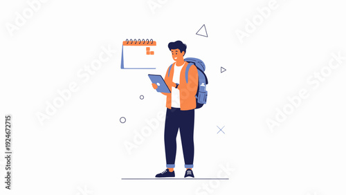 Young Man with Backpack and Tablet Planning Trip with Calendar