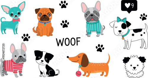 Cute Dog Breeds Cartoon Collection with Paw Prints and Woof Text Fun Domestic Pet Flat Vector Illustration Set