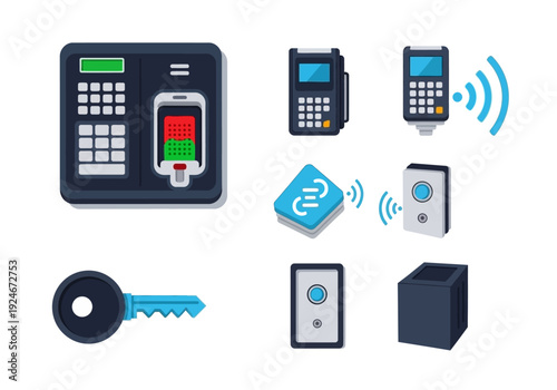 Various electronic devices and a key illustrating modern access control and payment systems