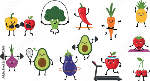 Cute Healthy Food Characters Exercising Collection with Fruits and Vegetables Doing Fitness Workout Flat Vector Illustration Set