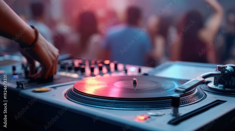 Naklejka premium DJ Mixing Music at a Lively Party with Colorful Lights and Crowd in Background