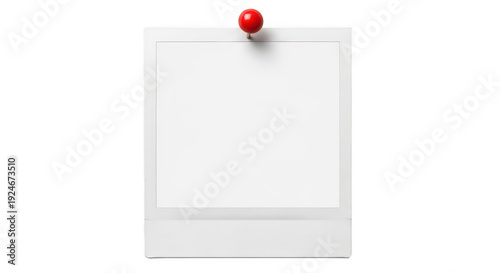 A blank white polaroid photo frame with a red tack isolated on transparent background