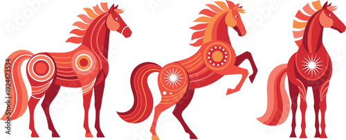 Decorative Red Horse Collection with Ornamental Folk Patterns in Standing and Rearing Poses Flat Vector Illustration