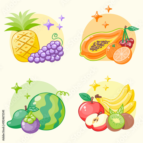 A set of glasses with juice, fruits and vegetables. Various smoothies. Illustration in cartoon style. Vector drinks.