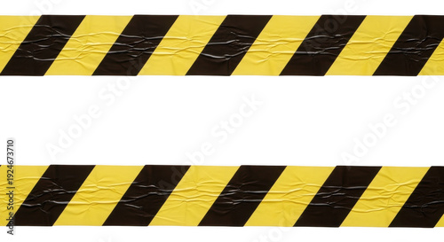 Yellow and black striped warning tape on transparent background