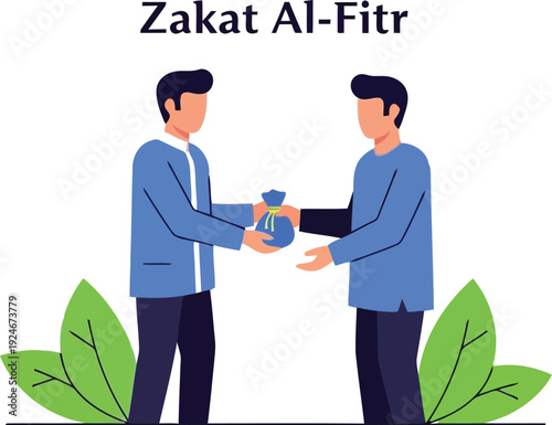 Zakat Al-Fitr donation illustration with two men exchanging charity during Ramadan