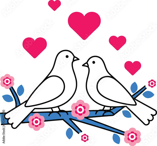 Romantic Love Birds Illustration with Pink Hearts and Flowers on Branch for Valentine’s Day
