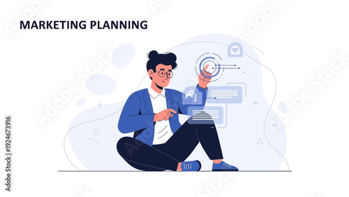 Man Analyzing Digital Marketing Strategy with Magnifying Glass and Tablet