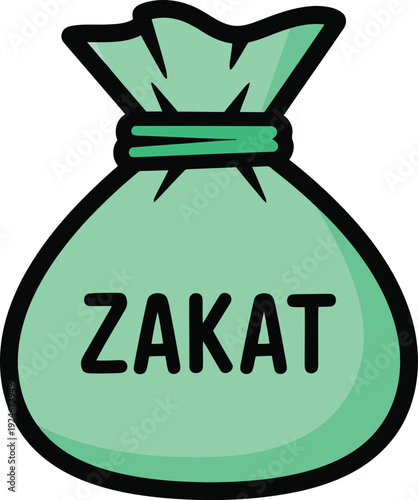 Green money bag with Zakat text Islamic charity donation concept vector illustration