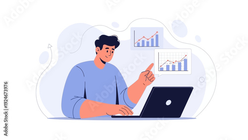 Man Analyzing Financial Charts on Laptop, Business Growth Concept