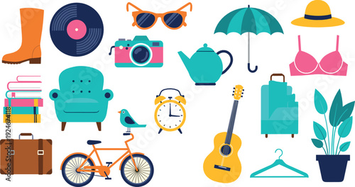 Everyday Lifestyle Objects Collection with Furniture, Fashion, Music, Travel and Home Accessories Flat Vector Illustration Set