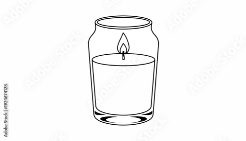Burning Candle in Glass Jar, Simple Line Art Illustration, Warm Light