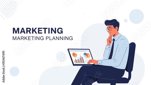 Man Analyzing Marketing Plan on Laptop Computer, Business Strategy and Data Visualization