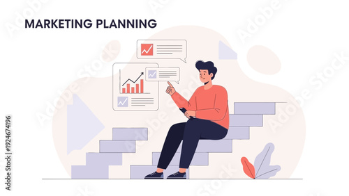 Man analyzing marketing plan with growth charts on stairs